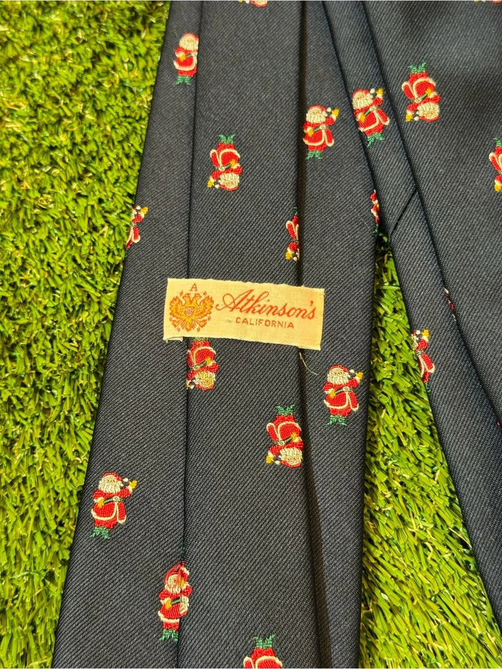 Vintage VTG Atkinson's California Christmas Xmas Santa Clause Navy‎ Blue Tie